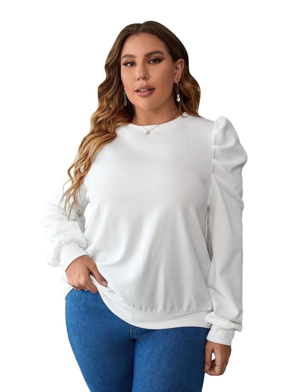 Casual Solid Puff Long Sleeve Crewneck Pullover Sweatshirt